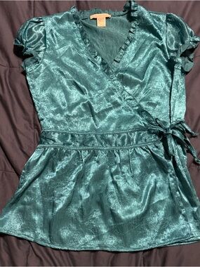 Charlotte Russe Shimmery Teal Wrap Blouse with Tie Waist